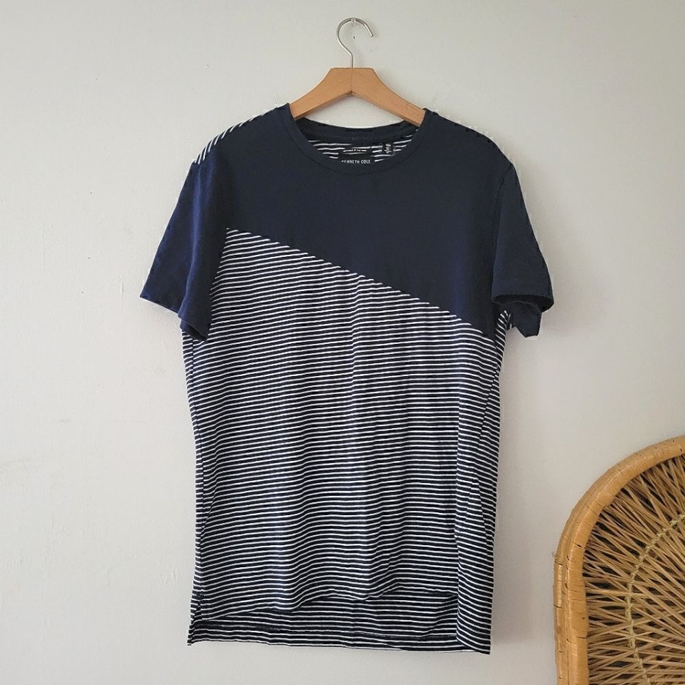 Kenneth Cole New York Navy Blue White Striped T-shirt M